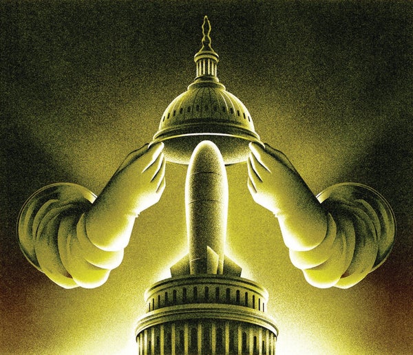 Illustration of two hands lifting the top of the U.S. Capitol building, with a rocket placed within in.